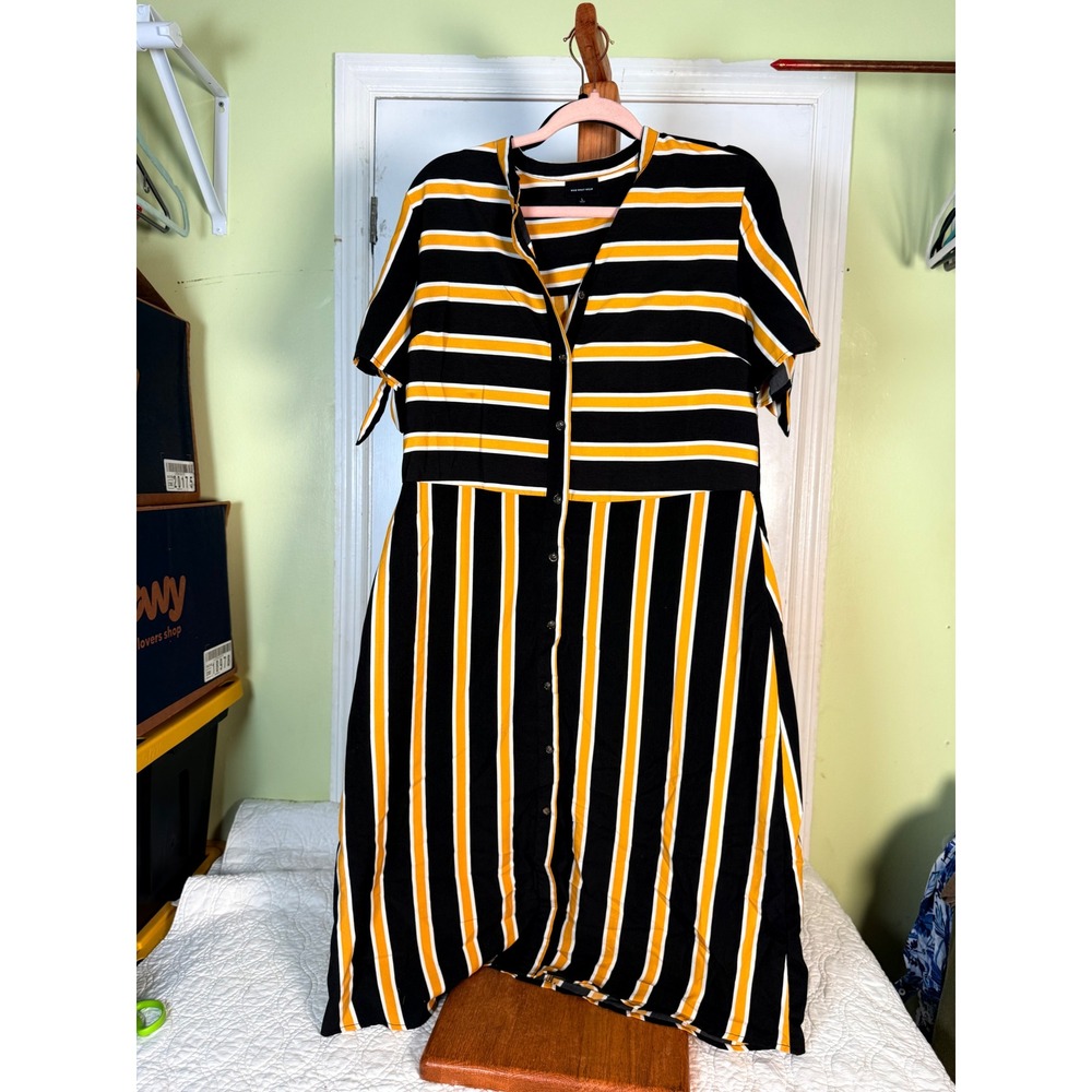Who What Wear Womens Striped Button Down Midi Dress Black Yellow White Size L